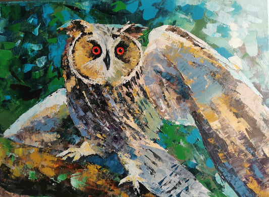 Painting by Lovena Galyide
Owl, is a symbol of knowledge and insight, as it spreads its wings in quiet power. Its sharp gaze and graceful flight embody the wisdom and mystery of the night, making it a guardian of the forest's ancient secret
Original 24” x 20” Acrylic